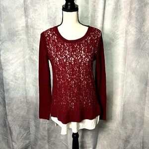 Simply Vera Vera Wang Burgundy or Wine Lace Front Faux-Layered Sweater - Medium